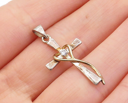 925 Sterling Silver  Vintage Cubic Zirconia Religious Cross Pendant  PT3970
