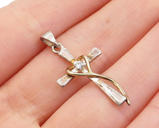 925 Sterling Silver  Vintage Cubic Zirconia Religious Cross Pendant  PT3970