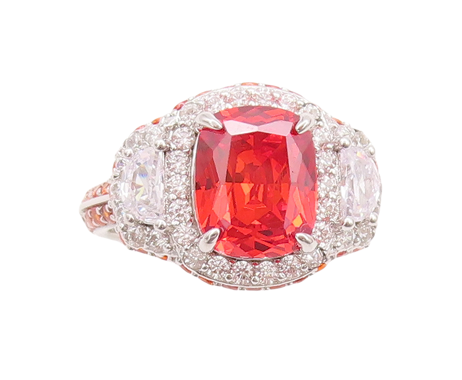 925 Sterling Silver Vintage Ring Rectangle Orange Halo White CZ  Sz 7  RG29640