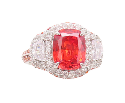 925 Sterling Silver Vintage Ring Rectangle Orange Halo White CZ  Sz 7  RG29640