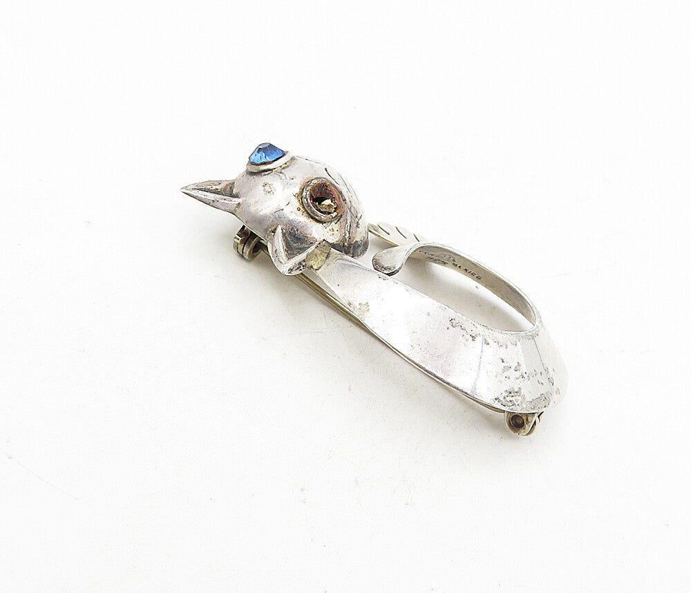 MEXICO 925 Sterling Silver Vintage Blue Topaz Modernist Cat Brooch Pin BP3151