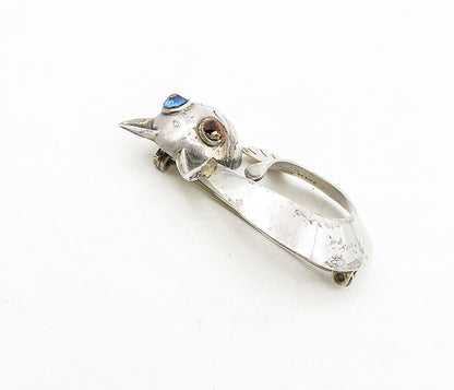 MEXICO 925 Sterling Silver Vintage Blue Topaz Modernist Cat Brooch Pin BP3151