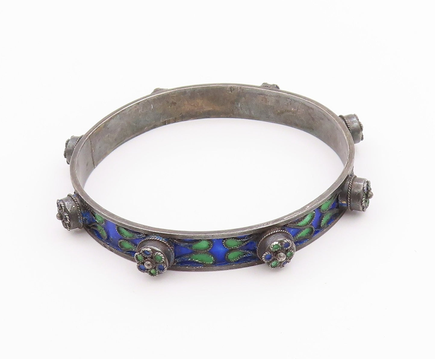 925 Sterling Silver Vintage Bracelet Antique Enameled CZ Flowers Bangle  BT11322
