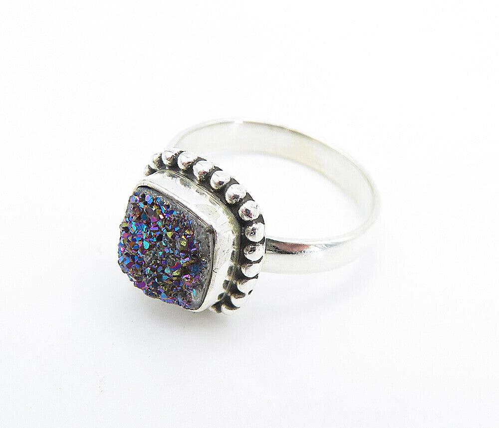 925 Sterling Silver  Druzy Stone Fluted Shiny Solitaire Ring Sz 7  RG7922