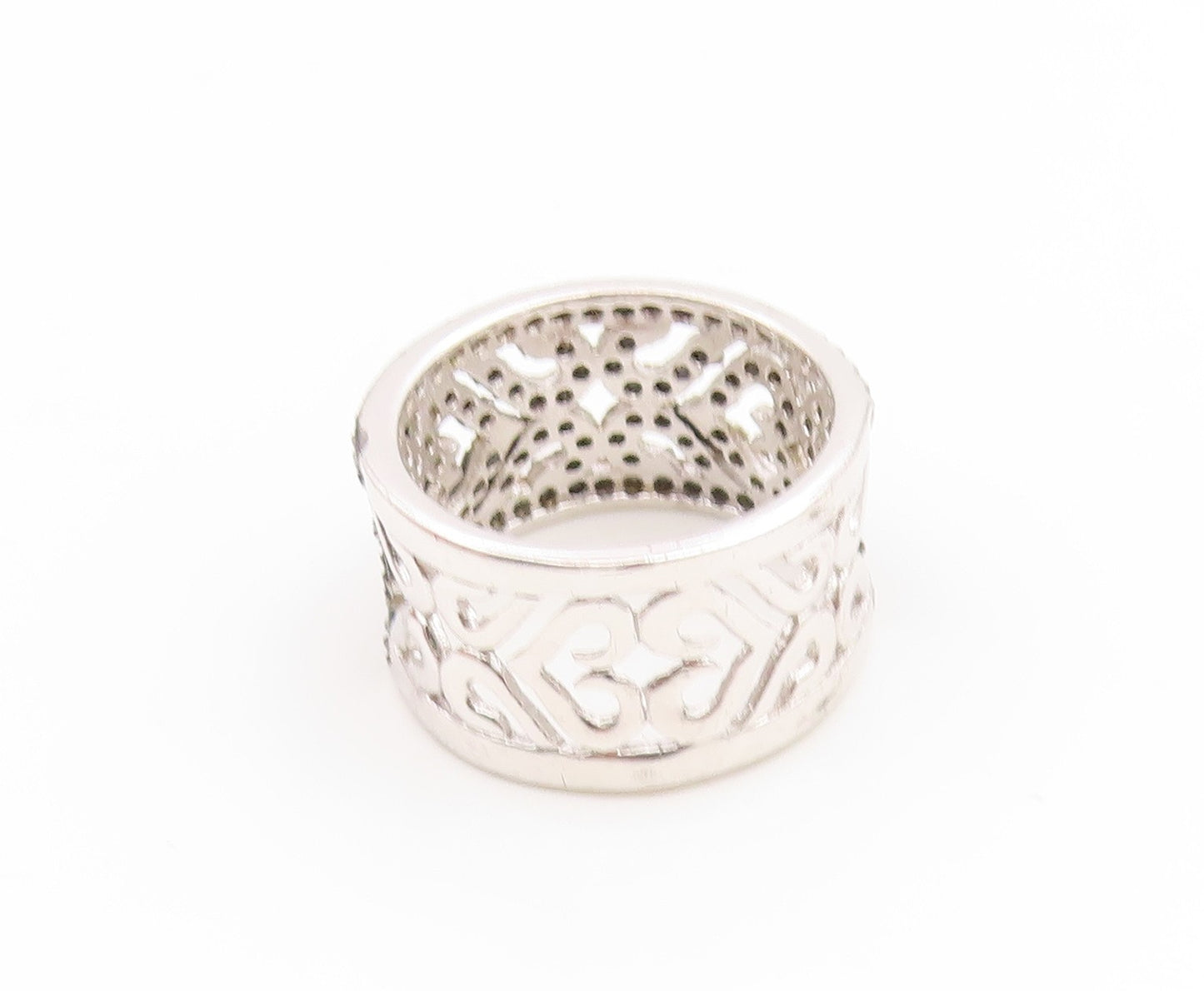 925 Sterling Silver Vintage Ring Spinel Openwork Floral Wide Band  Sz 7  RG35236