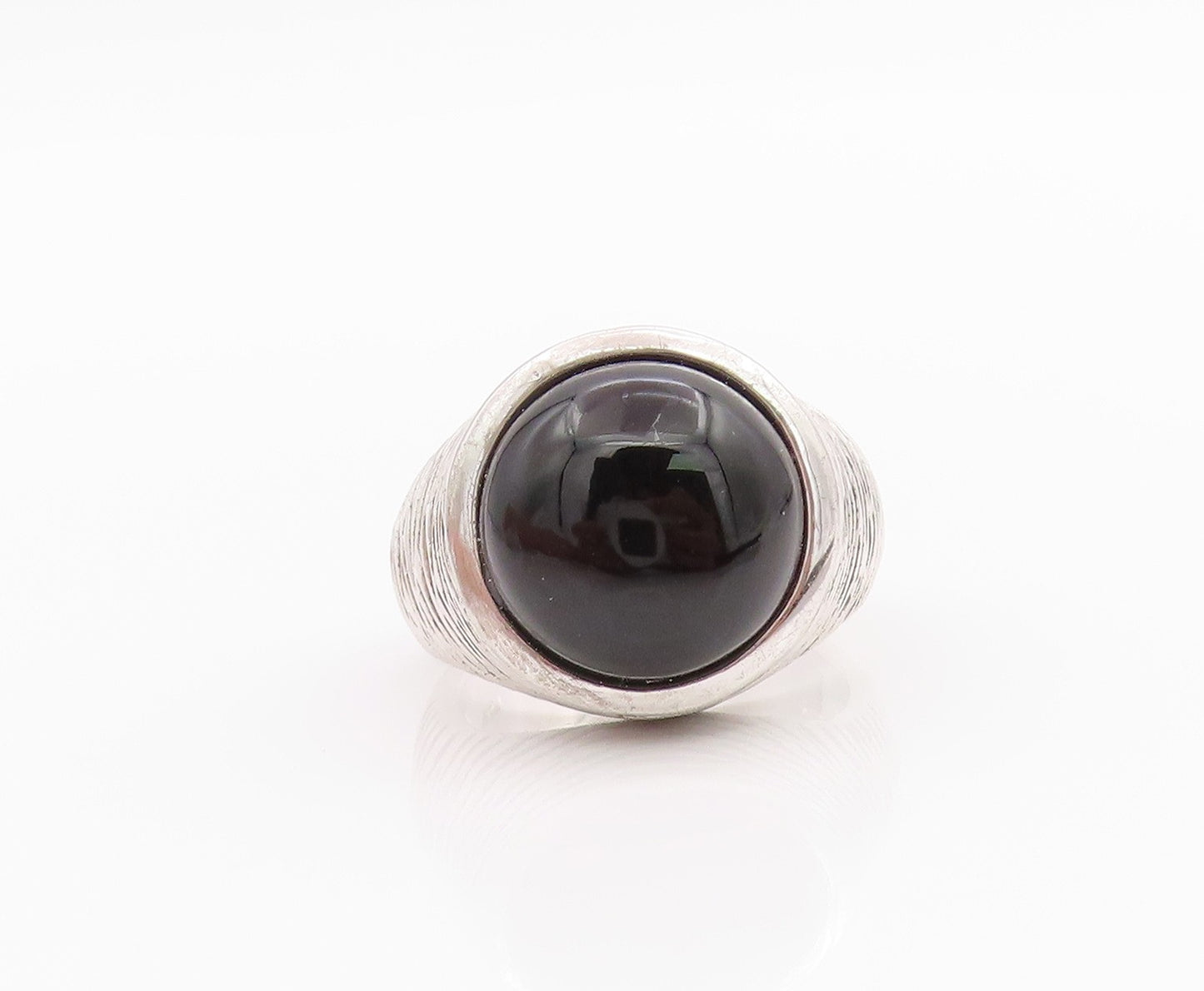 925 Sterling Silver Vintage Ring Grooved Cabochon Round Onyx  Sz 6.5  RG33178