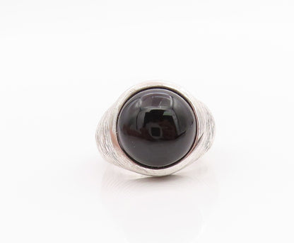 925 Sterling Silver Vintage Ring Grooved Cabochon Round Onyx  Sz 6.5  RG33178