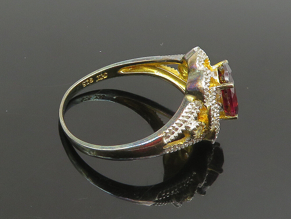 925 Silver  Vintage Two Tone Garnet & Topaz Floral Swirl Ring Sz 10  RG25309