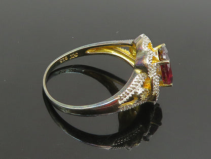 925 Silver  Vintage Two Tone Garnet & Topaz Floral Swirl Ring Sz 10  RG25309