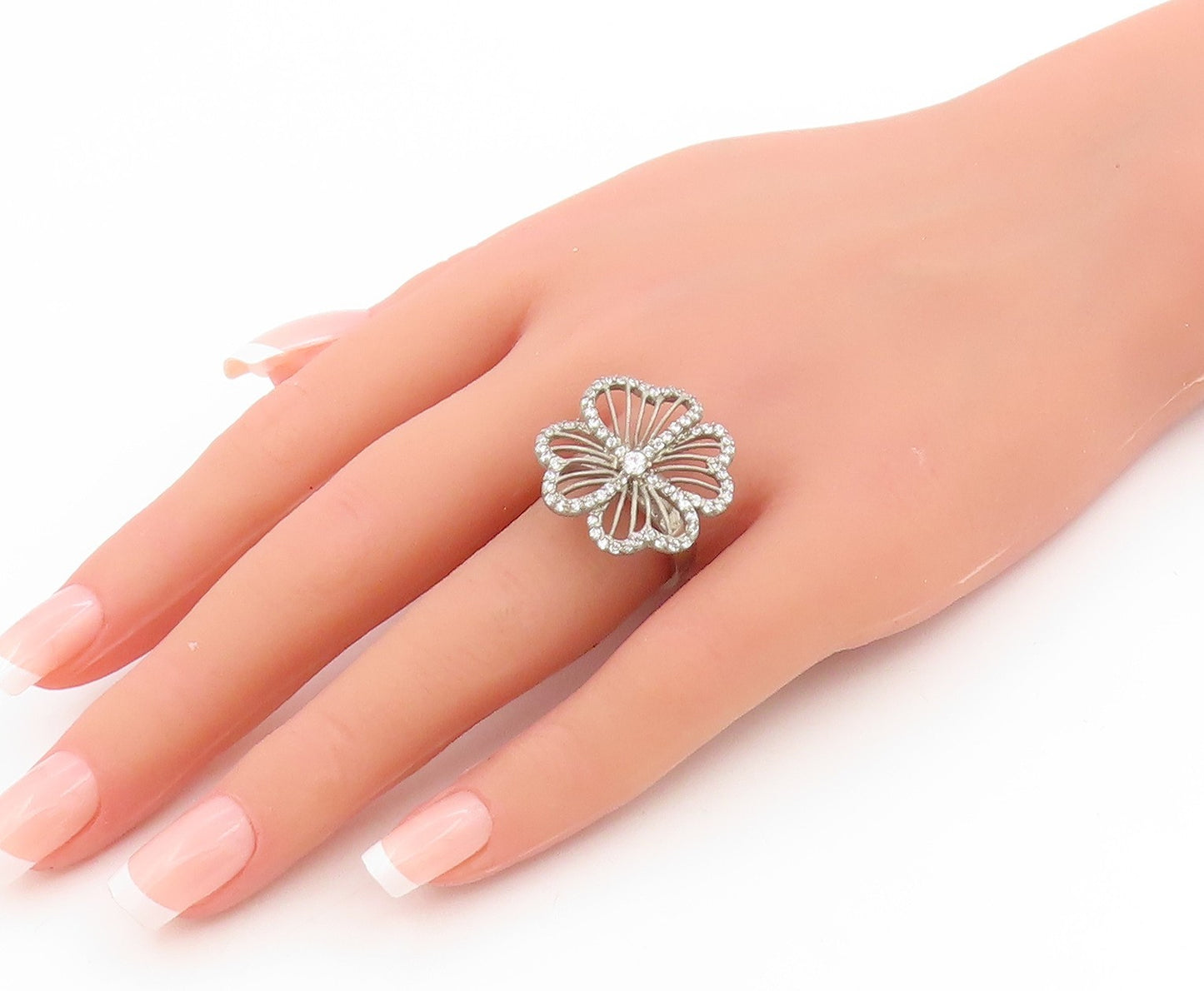 925 Sterling Silver Vintage Ring CZ Openwork Floral Blossom Band  Sz 7  RG34080