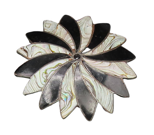 MEXICO 925 Silver  Vintage Black Onyx & Abalone Fidget Dome Brooch Pin  BP9993