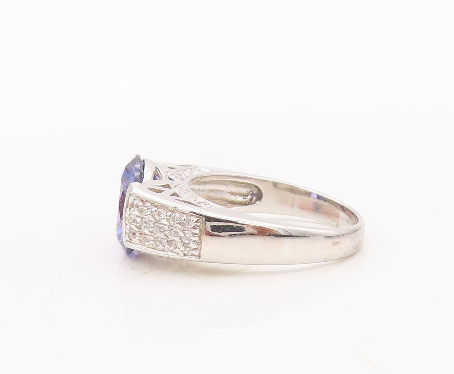 925 Sterling Silver Vintage Ring Round Cut Sapphire & CZ Inlay Sz 7  RG30460