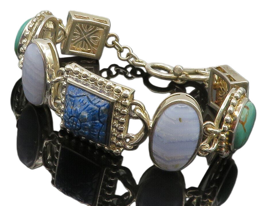 WHITNEY KELLY 925 Silver  Vintage Multi Shaped Gemstone Chain Bracelet   BT4663