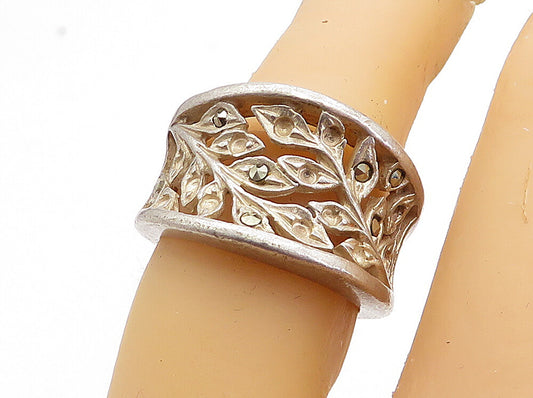 925 Sterling Silver  Vintage Marcasite Floral Leaf Vine Band Ring Sz 6  RG4204