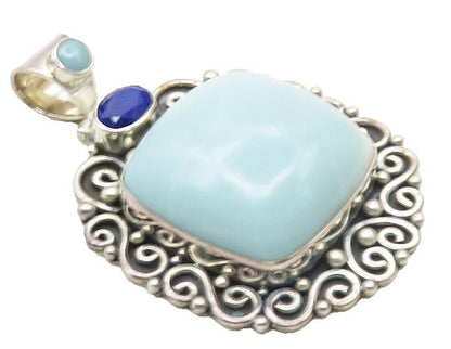 BALI 925 Sterling Silver  Vintage Larimar & Lapis Lazuli Swirl Pendant  PT7642