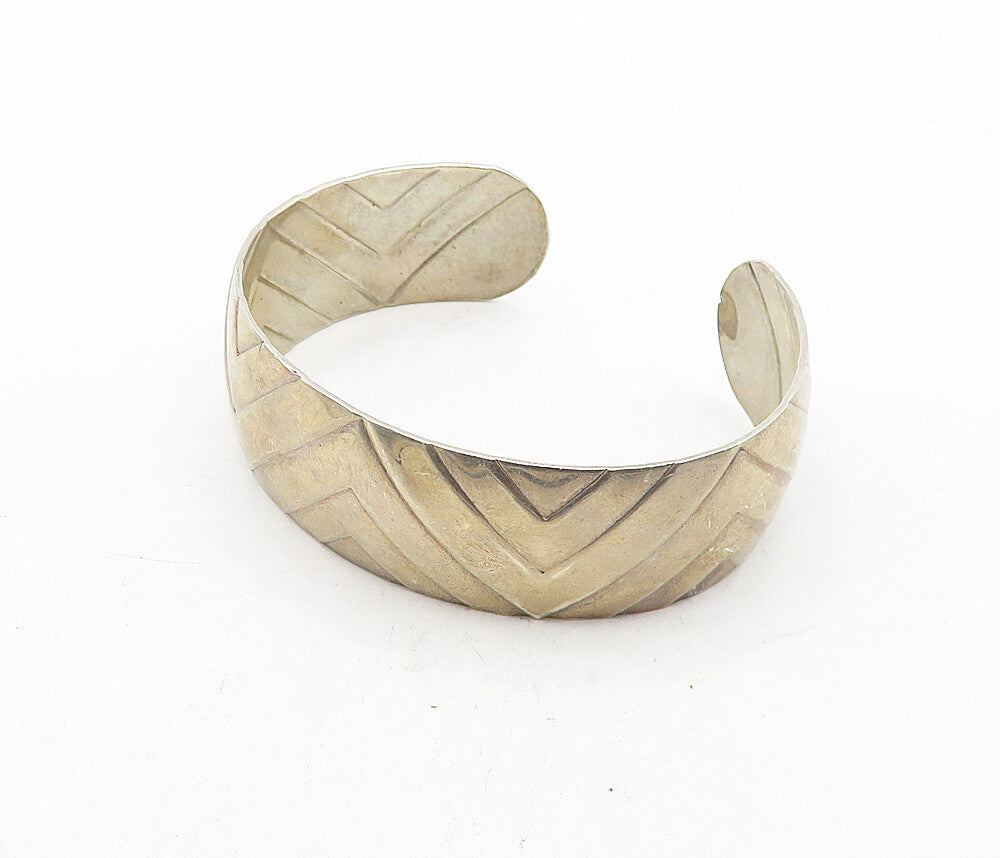 925 Sterling Silver  Vintage Shiny Geometric Pattern Cuff Bracelet  BT1666