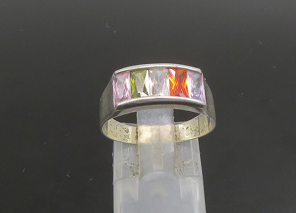 925 Silver  Vintage Cubic Zirconia Topaz & Peridot Band Ring Sz 8  RG23427