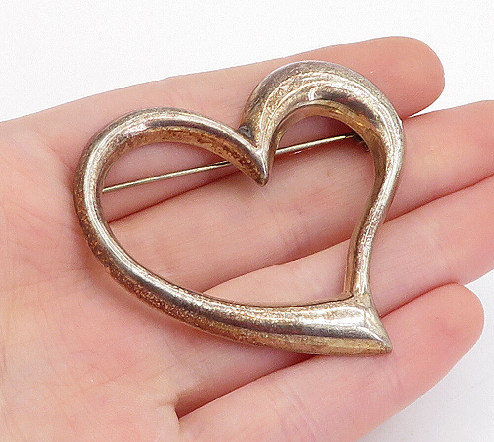 925 Sterling Silver  Vintage Shiny Dark Tone Open Love Heart Brooch Pin BP1991