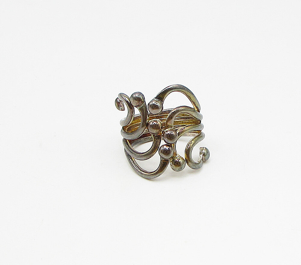 925 Sterling Silver  Vintage Dark Tone Pebbled Wire Bypass Ring Sz 8.5  RG3320