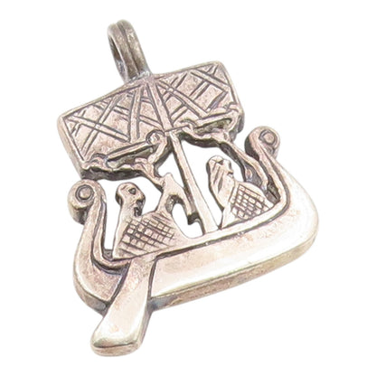 925 Sterling Silver Vintage Pendant Classic Etched Viking Ship Charm  PT26138