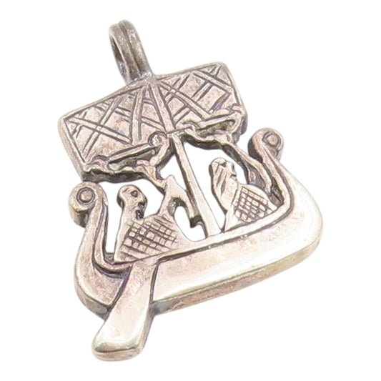 925 Sterling Silver Vintage Pendant Classic Etched Viking Ship Charm  PT26138