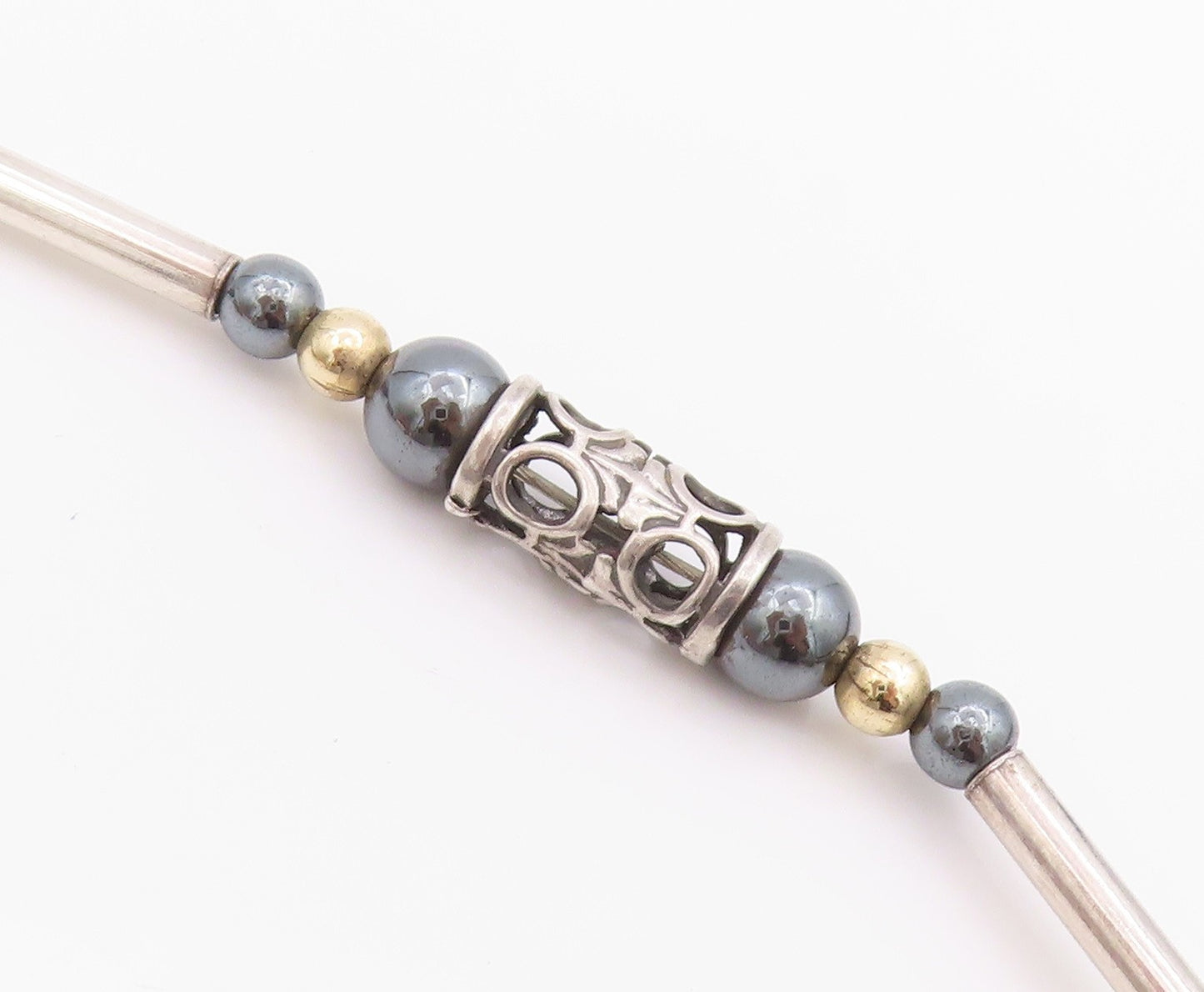 925 Sterling Silver Vintage Necklace Two Tone Hematite Bead & Barrel Tube NE4132