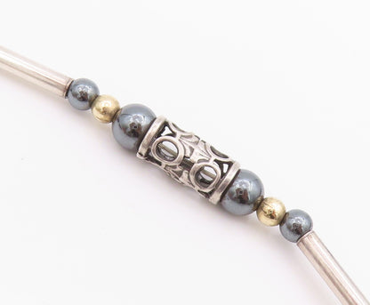 925 Sterling Silver Vintage Necklace Two Tone Hematite Bead & Barrel Tube NE4132