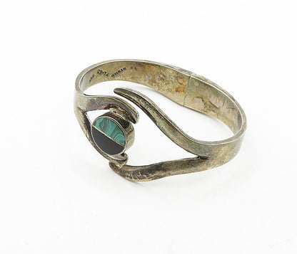 MEXICO 925 Silver  Vintage Black Onyx & Malachite Bangle Bracelet  BT1692