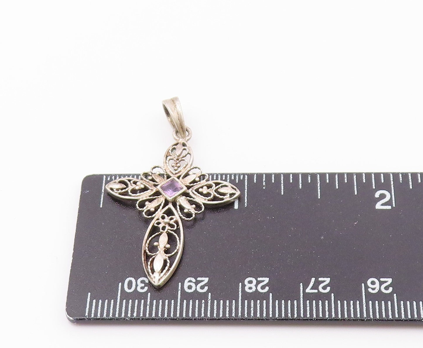 925 Silver  Vintage Openwork Heart & Flowers Cross Gemstone Pendant  PT21316