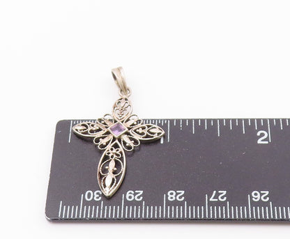 925 Silver  Vintage Openwork Heart & Flowers Cross Gemstone Pendant  PT21316