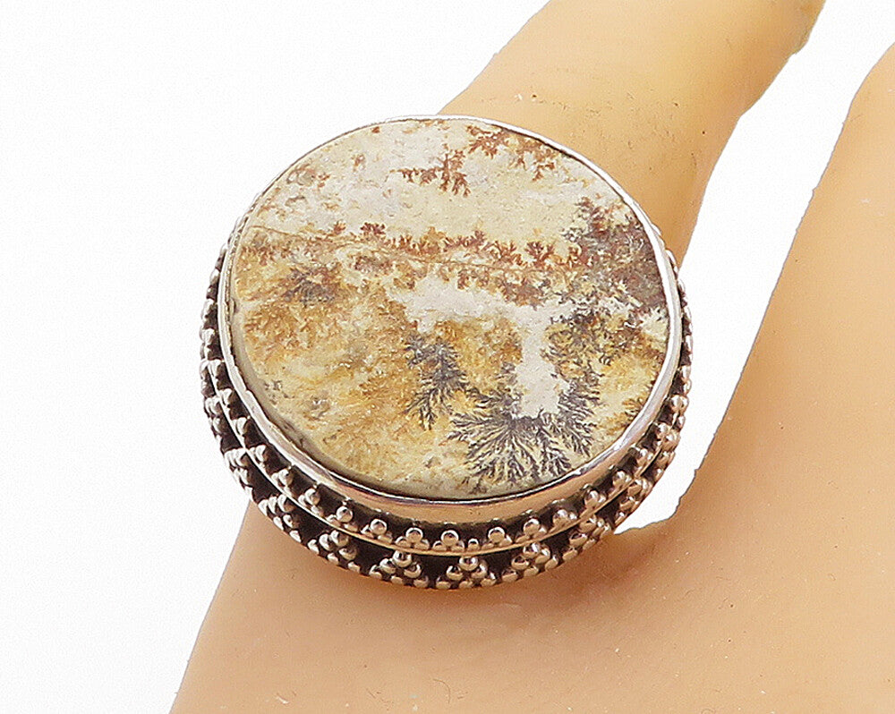 925 Sterling Silver  Brown Jasper Round Shiny Cocktail Ring Sz 10  RG8303
