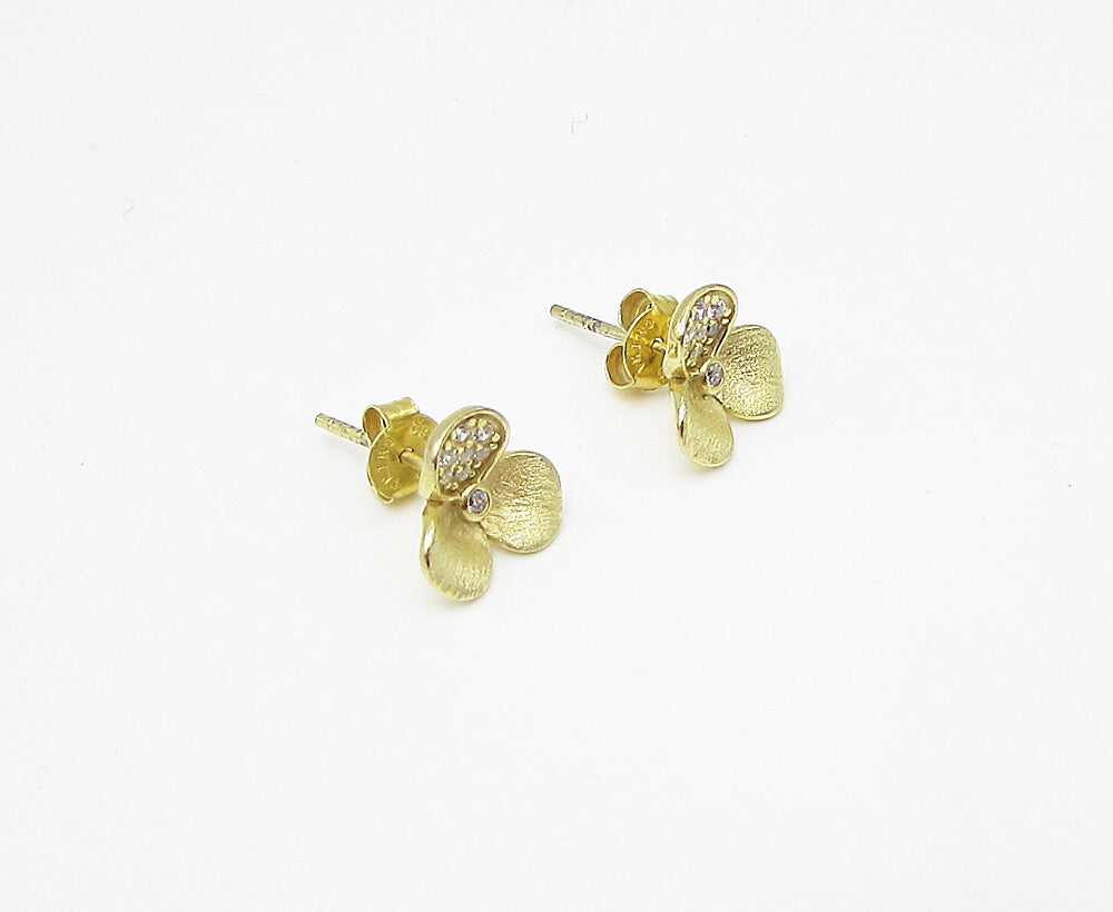 Gold Over 925 Sterling Silver White Cubic Zirconia Floral Stud Earrings EG1444