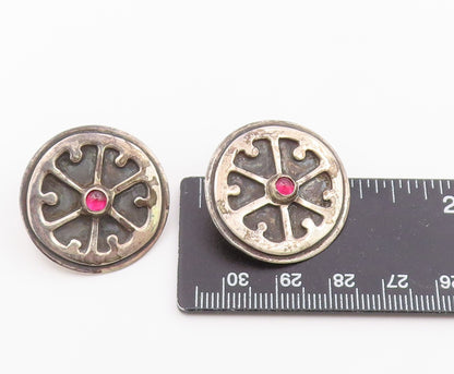 925 Sterling Silver Vintage Earrings Cabochon Garnet Geometric Wheel   EG14435