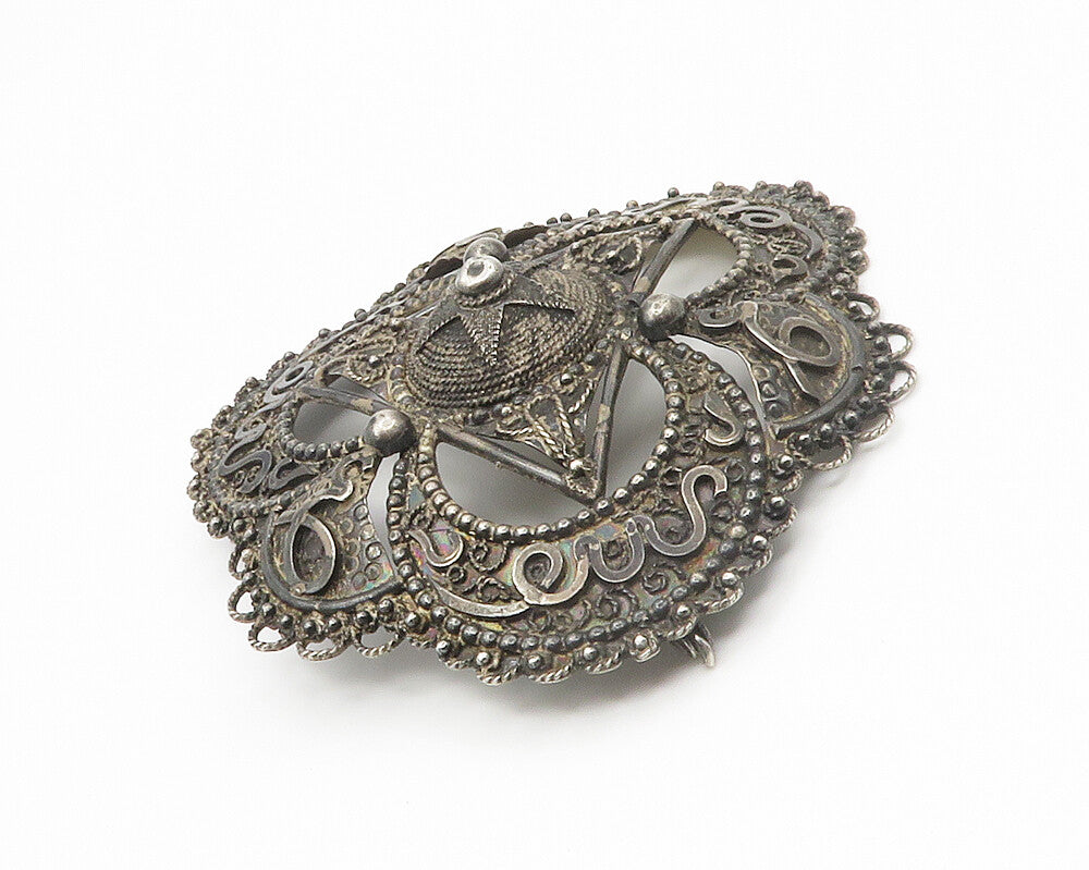 925 Sterling Silver  Vintage Antique Dark Tone Star Detail Brooch Pin  BP5294