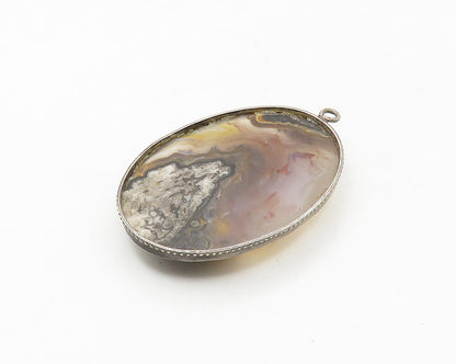 925 Sterling Silver  Vintage Cabochon Cut Agate Oval Drop Pendant  PT14161