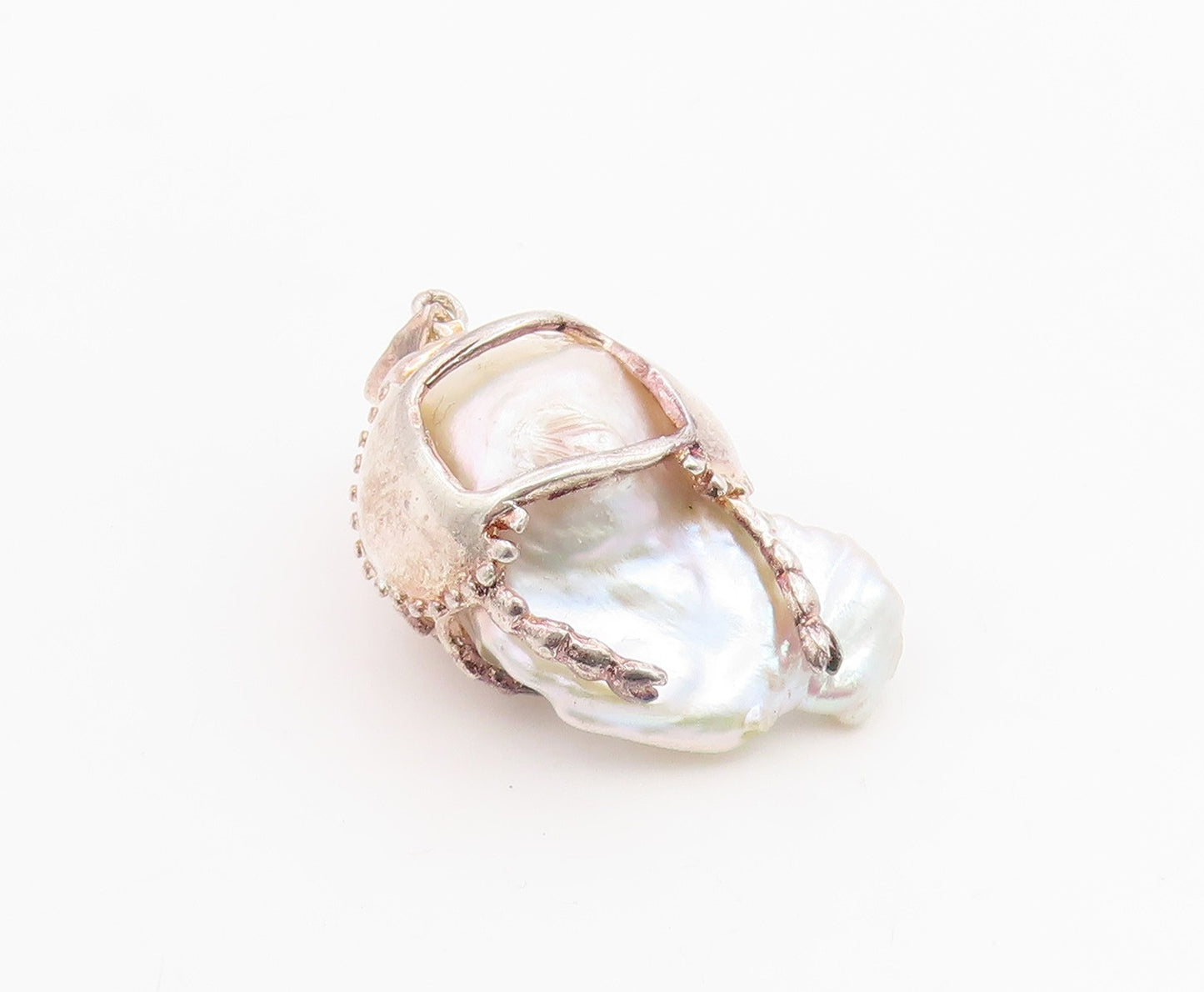 925 Sterling Silver Vintage Pendant Mother Of Pearl With Holding Crab  PT26189
