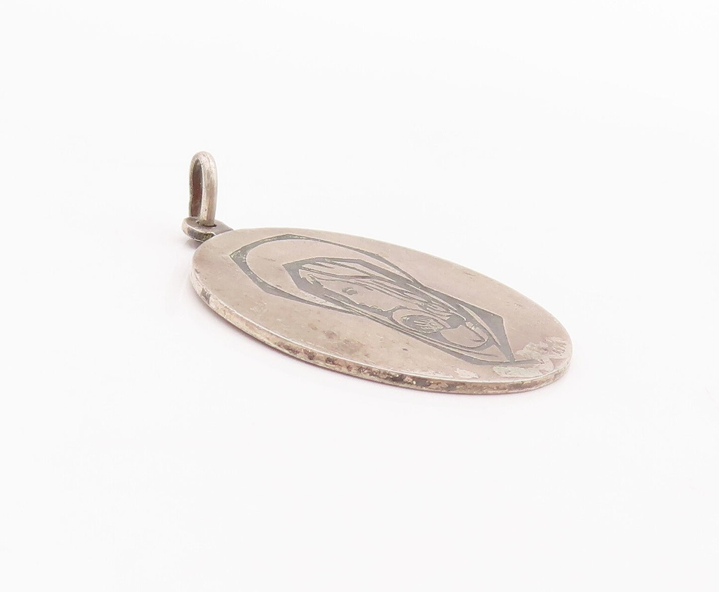 925 Sterling Silver Vintage Pendant Religious Carved Mother Mary Coin  PT22967
