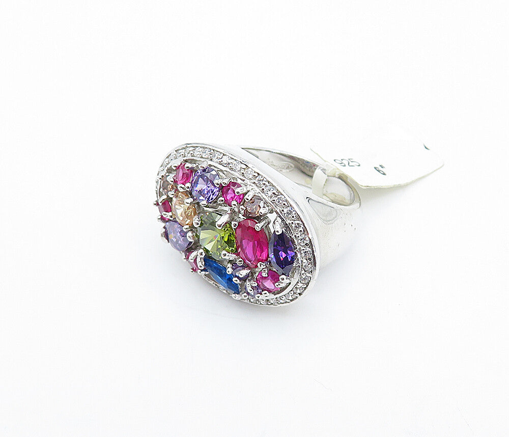 925 Sterling Silver Amethyst Topaz & Peridot Dome Cocktail Ring Sz 6 RG3632