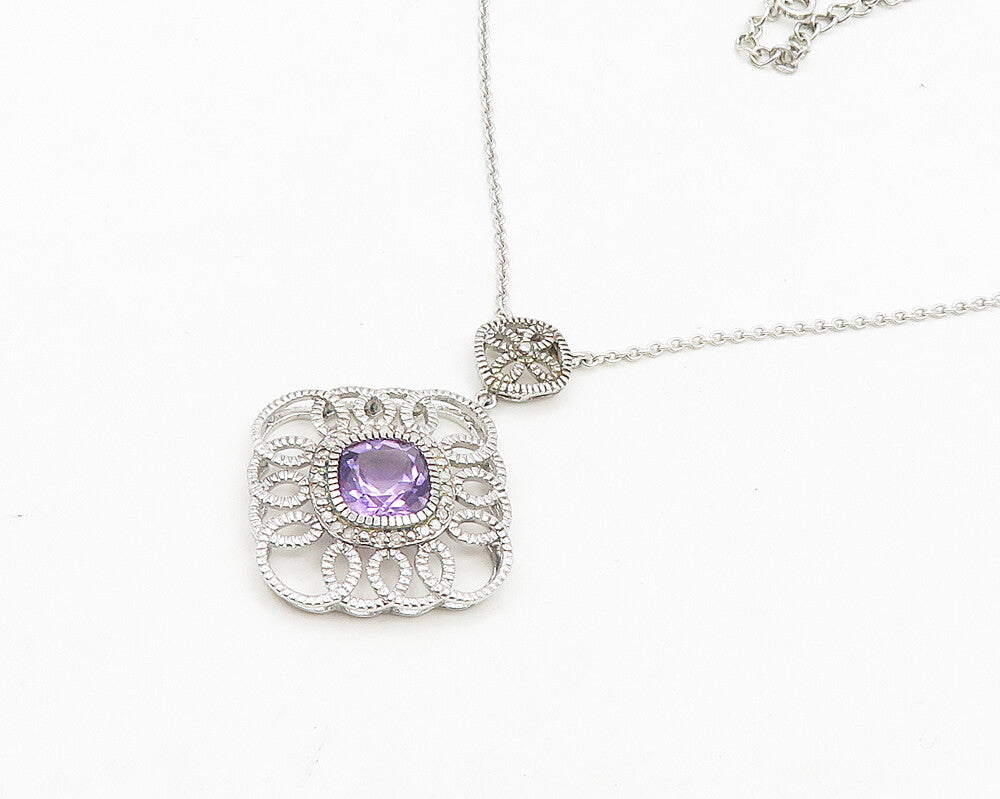 925 Sterling Silver  Amethyst Floral Swirl Pendant Shiny Chain Necklace NE3157