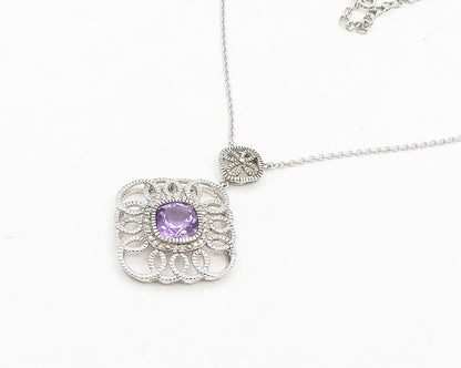925 Sterling Silver  Amethyst Floral Swirl Pendant Shiny Chain Necklace NE3157