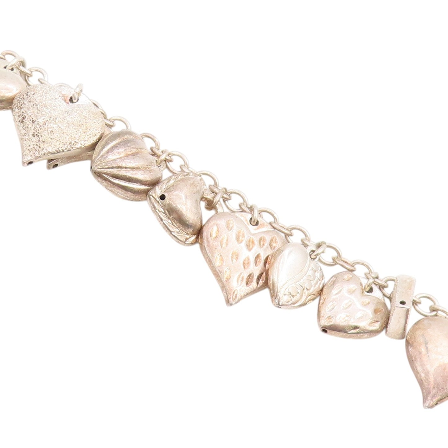 925 Sterling Silver Vintage Bracelet Multi Pattern Puffy Love Heart Link BT12207