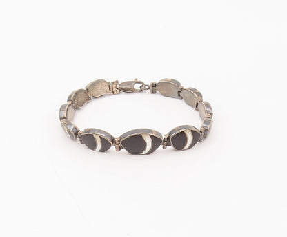 925 Silver  Vintage Black Gemstone & Pearl Beach Pebble Effect Bracelet BT9880