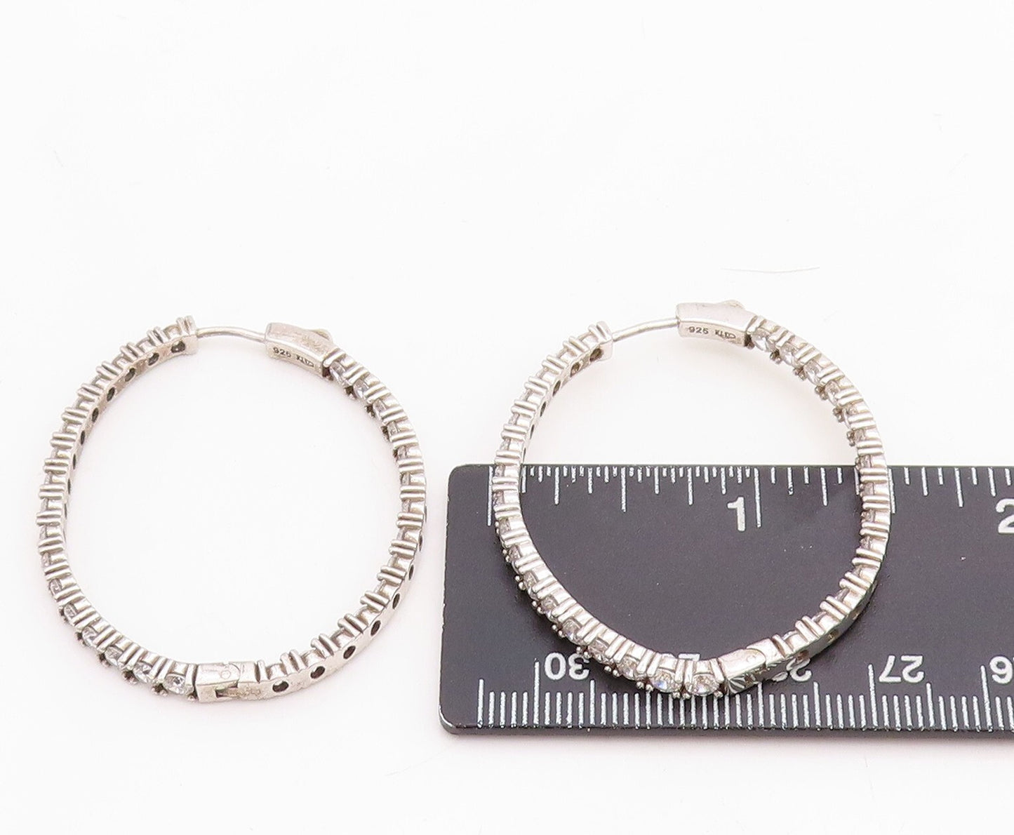 925 Sterling Silver Vintage Earrings Dark Tone Topaz Inlay Large Hoops  EG13243