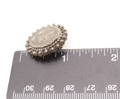 925 Sterling Silver  Vintage Carved Female Face Beaded Round  Earrings EG12556