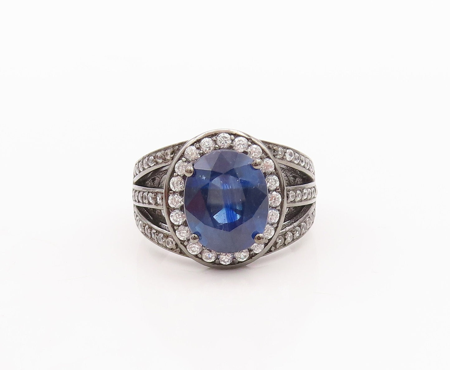 925 Sterling Silver Vintage Ring Split Band CZ Inlay & Sapphire  Sz 8  RG29617