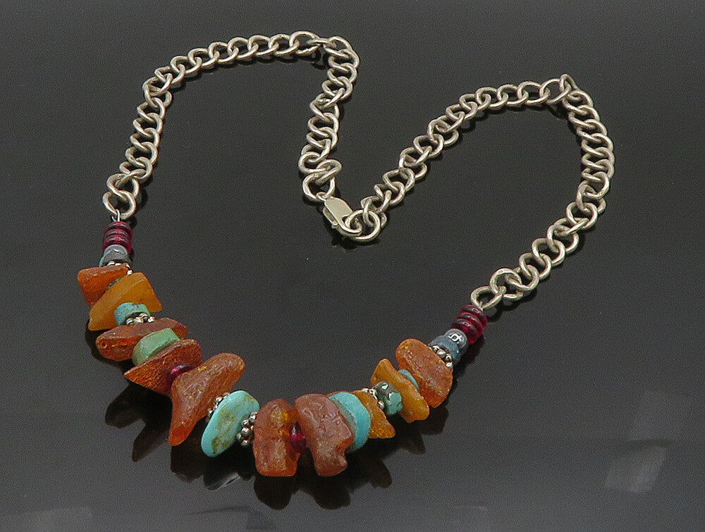 925 Sterling Silver  Vintage Garnet Amber & Turquoise Necklace  NE3831