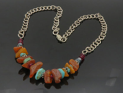 925 Sterling Silver  Vintage Garnet Amber & Turquoise Necklace  NE3831