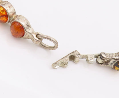 925 Sterling Silver Vintage Bracelet POLAND Link Oval Cabochon Amber  BT10177