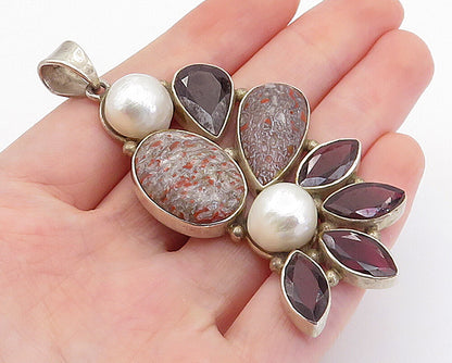 925 Sterling Silver  Vintage Pearls Garnet & Jasper Floral Pendant  PT5774