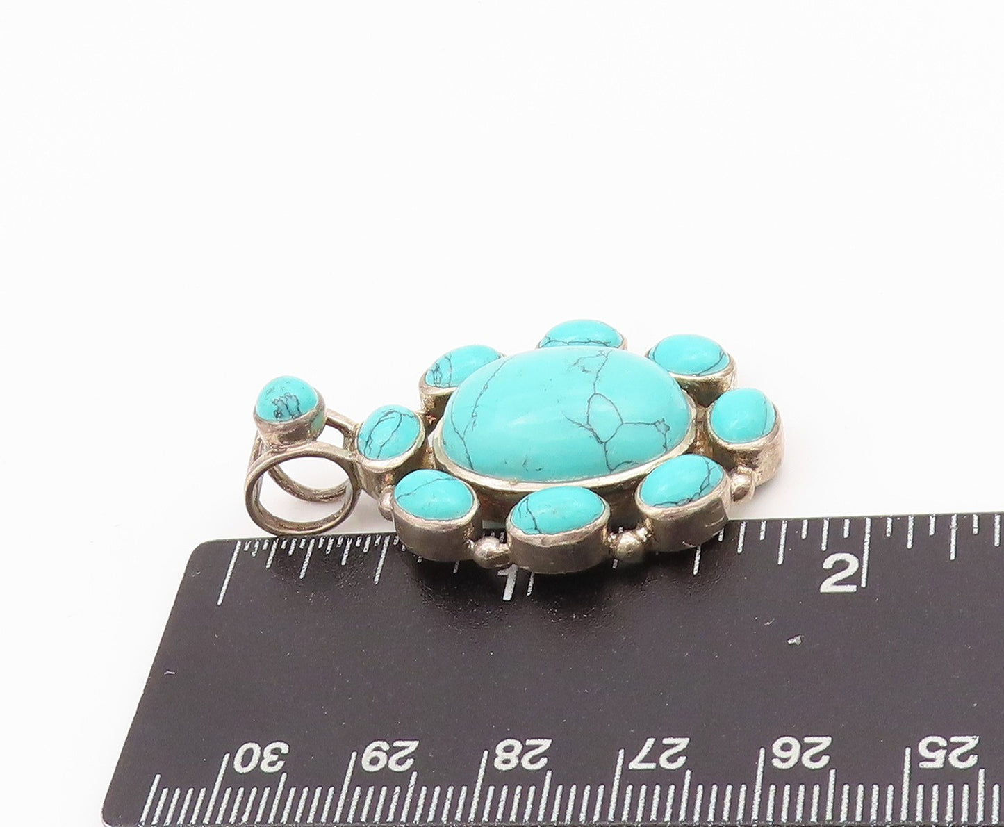 925 Sterling Silver Vintage Pendant Oval Cabochon Turquoise Flower  PT24312